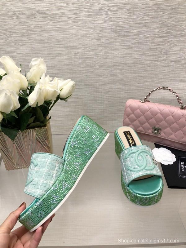 2025 Women Chanel Green Turquoise Tweed Platform Slippers LY00320