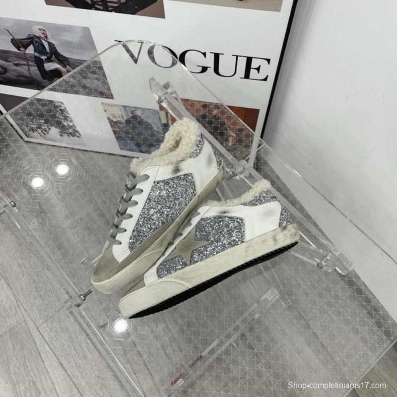 2025 Women GGDB White Silver Suede Leather Glitter Star Sneakers