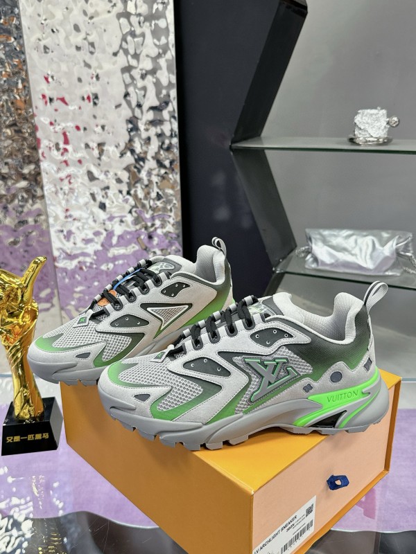 2025 Men Louis Vuitton Green Grey Mesh Leather Sneakers MJ00420