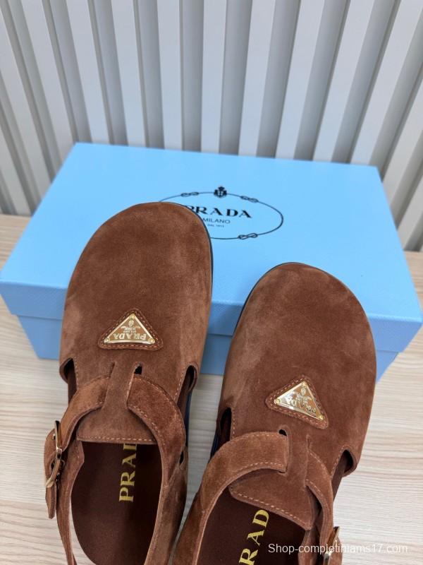 2025 Women Prada Brown Suede Slingback Buckle Sandals LY00280