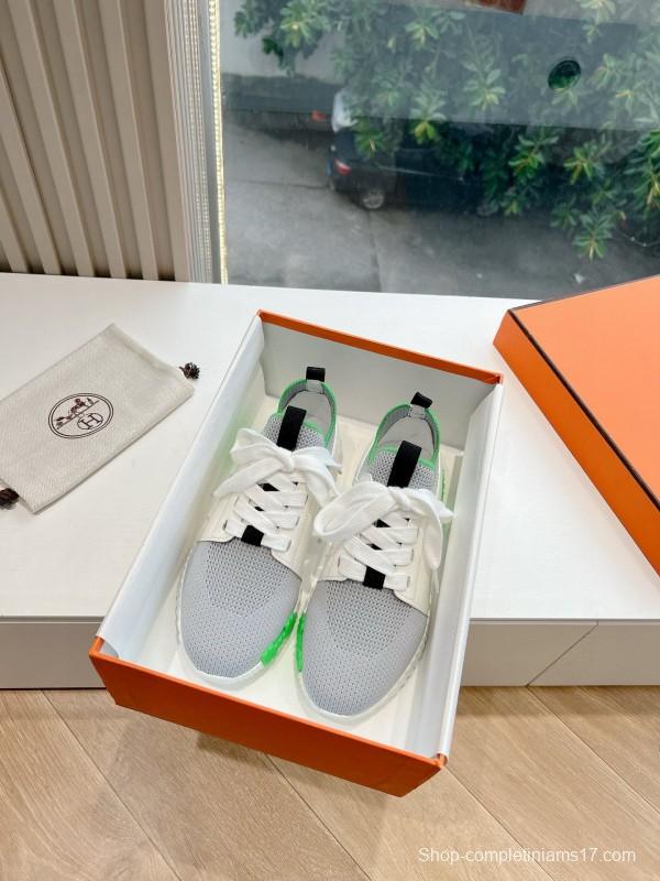 2024 Unisex Hermès White Green Calfskin Suede Sneakers MJ00290