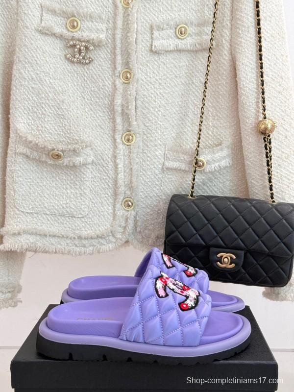 2025 Slippers Chanel Purple Quilt Embroidery