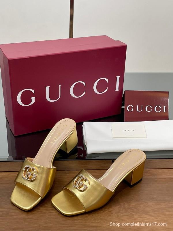 2025 Women Gucci Gold Leather Mules Block Heel