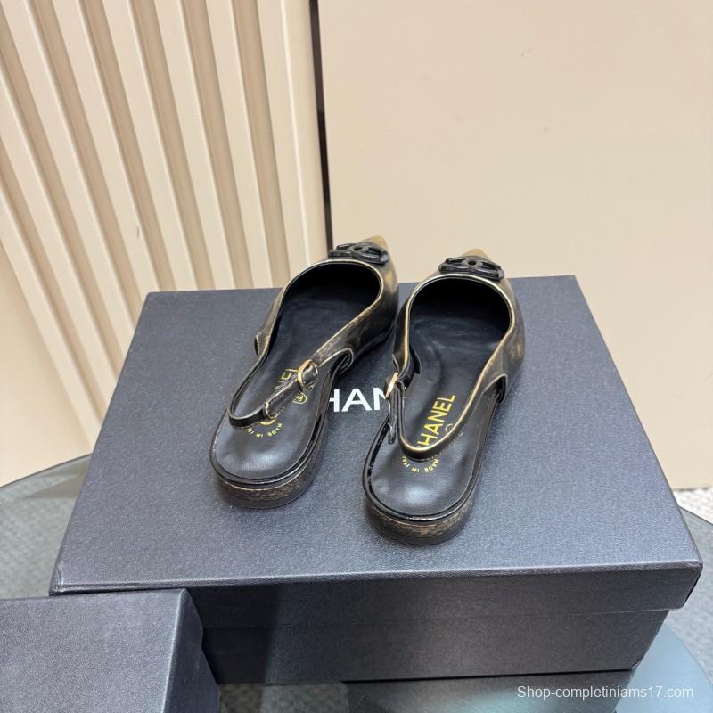 2025 Women Chanel Black Gold Satin Leather Sandals KFY00290