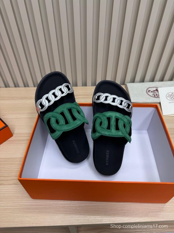2025 Slippers Hermès Green Black Suede Leather Slippers