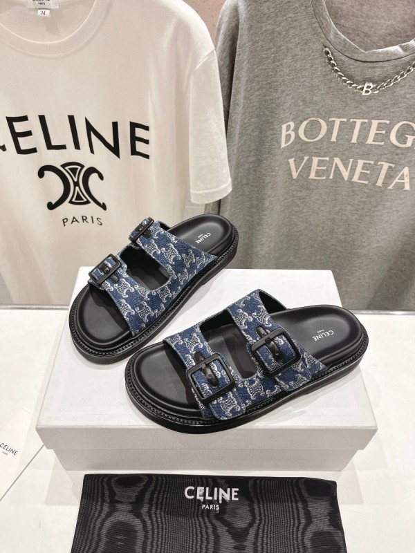 2025/Unisex CELINE Blue Denim Buckled Slide Sandals Stylish Comfort KFY00280