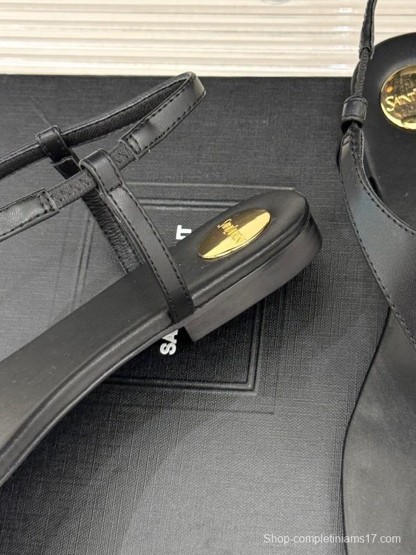 2025 Women Yves Saint Laurent Black Leather Sandals KFY00270