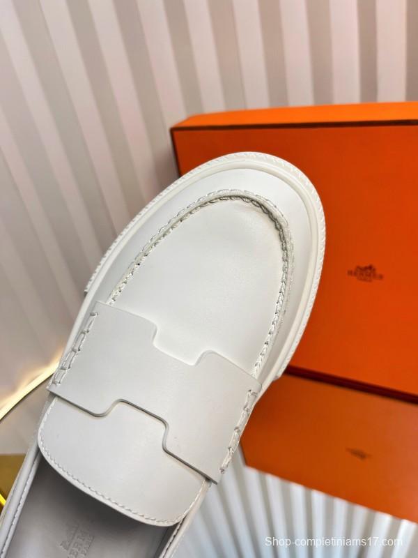 2025 Unisex Hermès White Leather Fabric Loafers LY00310(F)/LY00320(M)