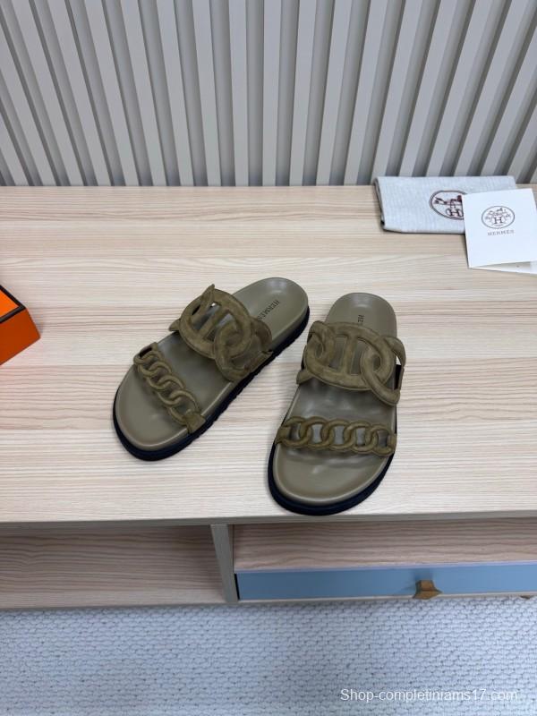 2025 Women Hermès Khaki Suede Slippers
