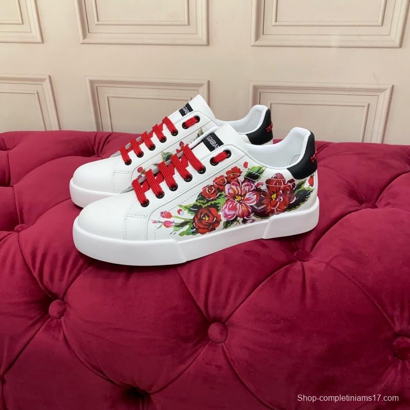 2025 Women Dolce & Gabbana White Red Leather Sneakers Floral LY00300