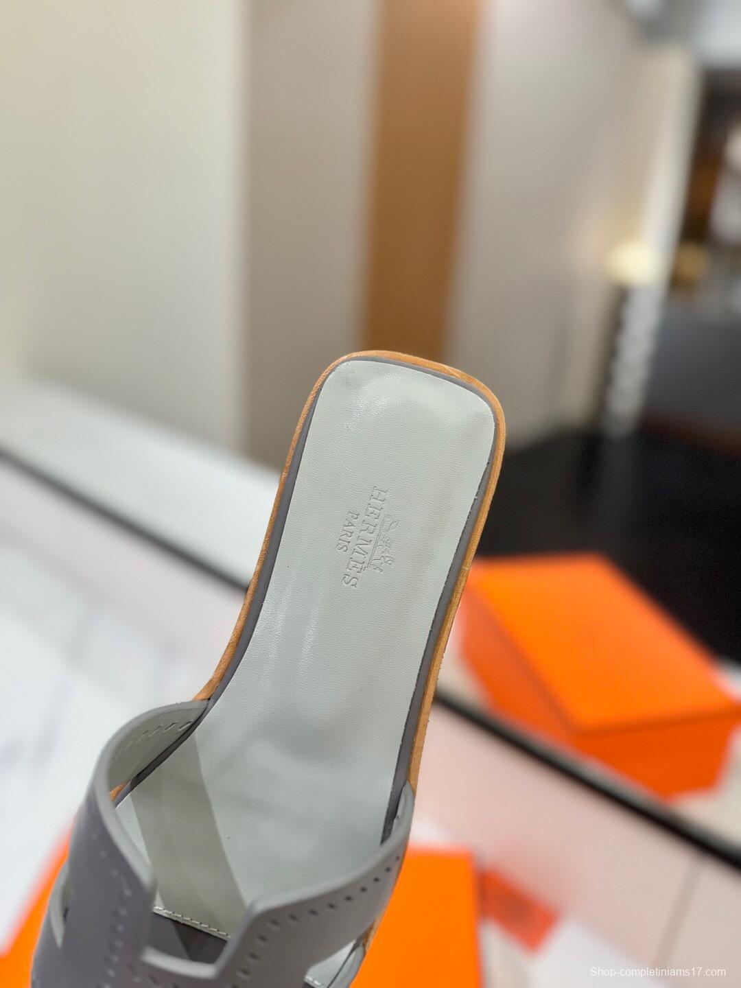 2025 Women Hermès Gray Leather Slippers
