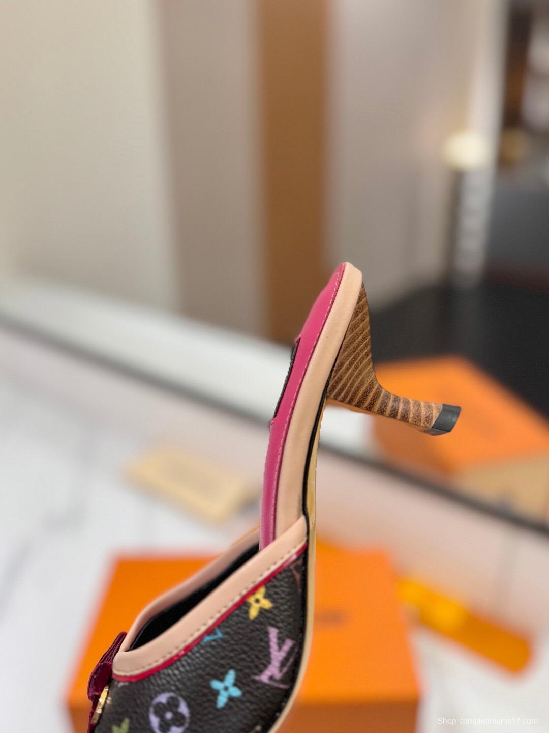 2025 Women Louis Vuitton Brown Pink Canvas Leather Sandals KFY00310