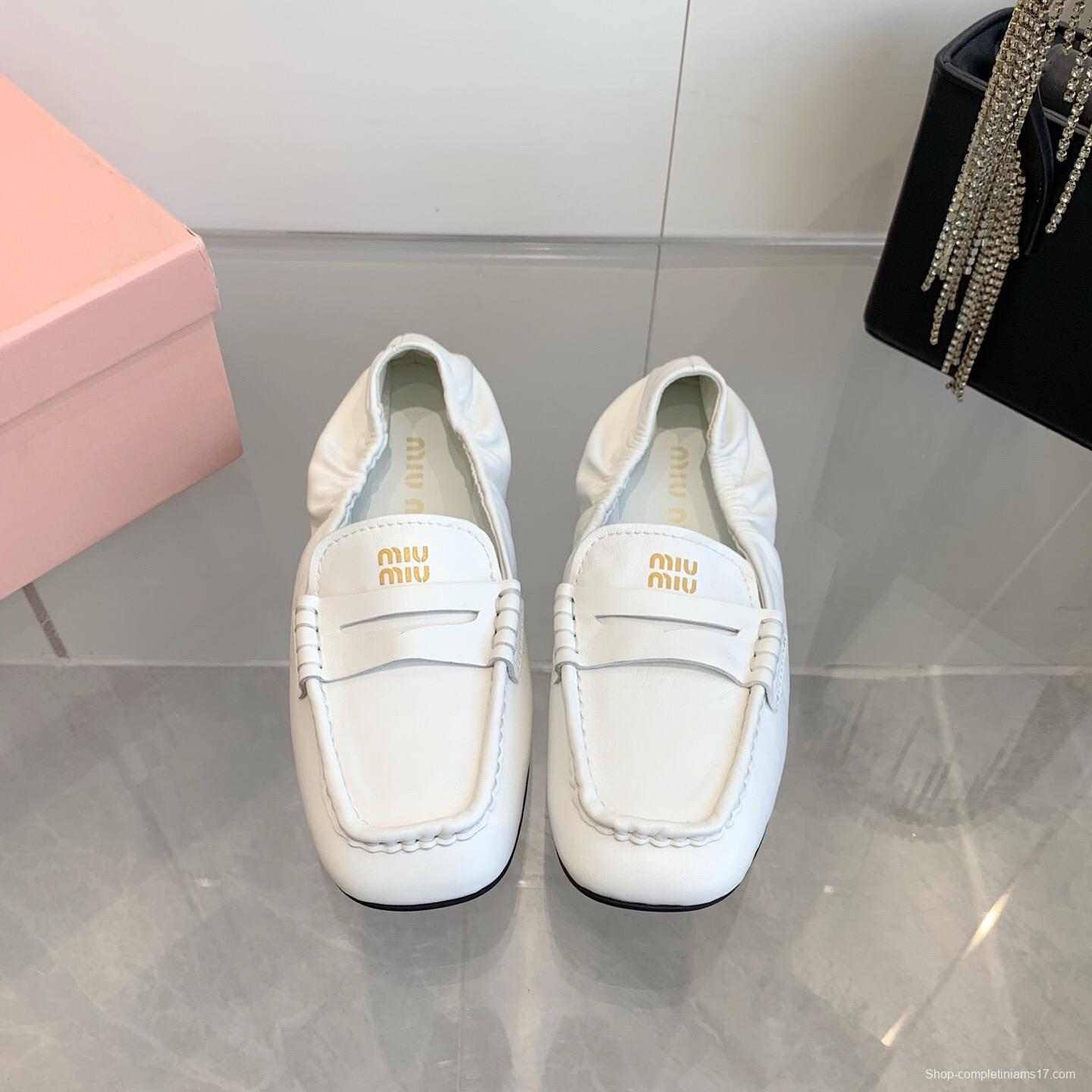 2025 Women Miu Miu White Leather Loafers