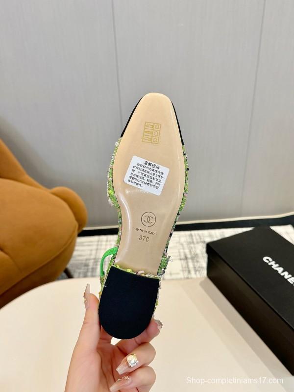 2025 Women Chanel Green Black Tweed Leather Slingback Flats LY00240
