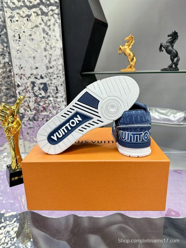 2024 Men Louis Vuitton Blue Denim Calfskin Silk Plimsolls Washed MJ00410