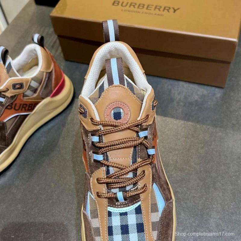 2025 Unisex Burberry Brown Beige Suede Leather Mesh Sneakers Checked Pattern MX00380