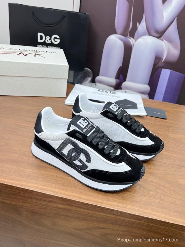2025 Unisex Dolce & Gabbana Black White Mesh Suede Sneakers LY00300