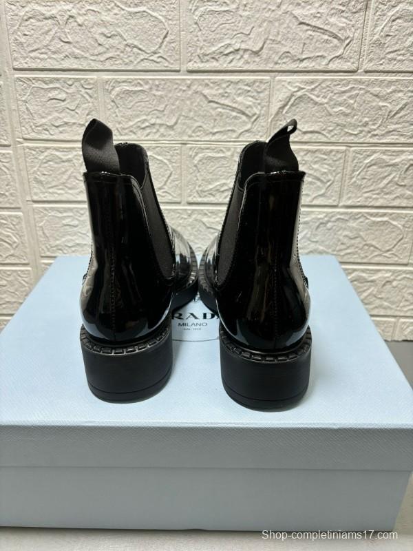 2024 Women Prada Black Patent Leather Ankle Boots MJ00360
