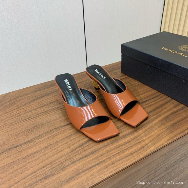 2025 Women VERSACE Brown Patent Leather Slippers