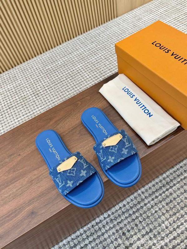 2025 Women Louis Vuitton Blue Denim Leather Slippers LY00200
