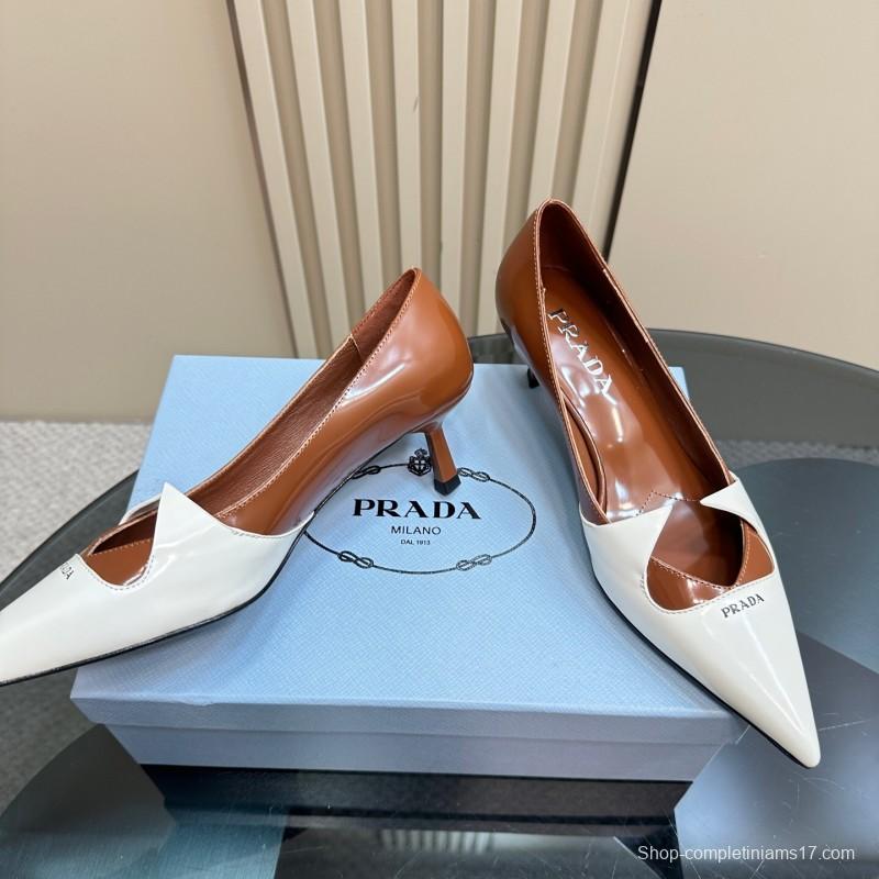 2025 Women Prada White Brown Leather Heels KFY00310