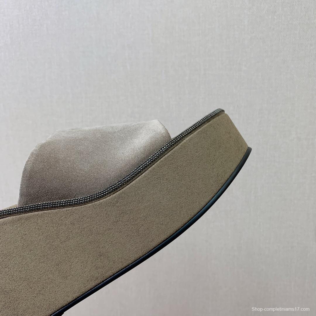2025 Women BRUNELLO CUCINELLI Beige Suede Platform Slide Sandals Casual Handmade KFY00275 (F)
