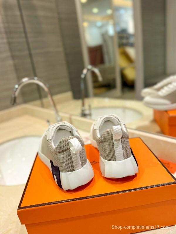 2024 Women Hermès White Beige Mesh Leather Sneakers MJ00320