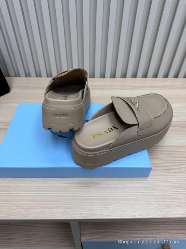 2025 Women Prada Beige Leather Slippers