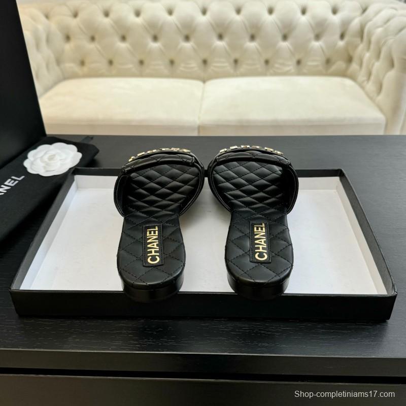 2025 Women Chanel Black Leather Slippers