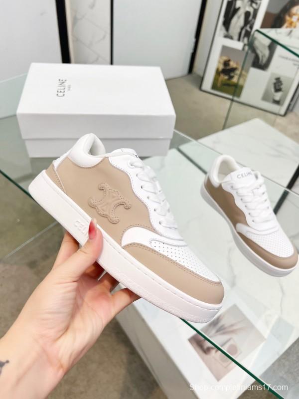 2025 Women Celine White Beige Leather Sneakers BLOCK TRIOMPHE KFY00260