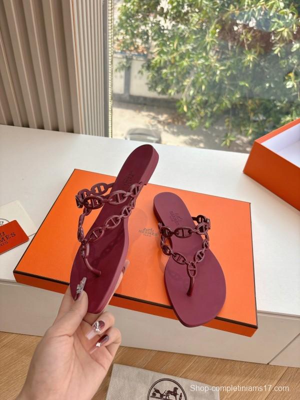 2025 Women Hermès Burgundy Leather Chain Strap Sandals G059 (F)