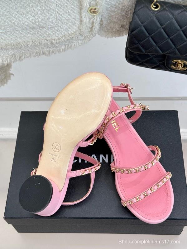 2025 Women Chanel Pink Leather Chain Strap Sandals