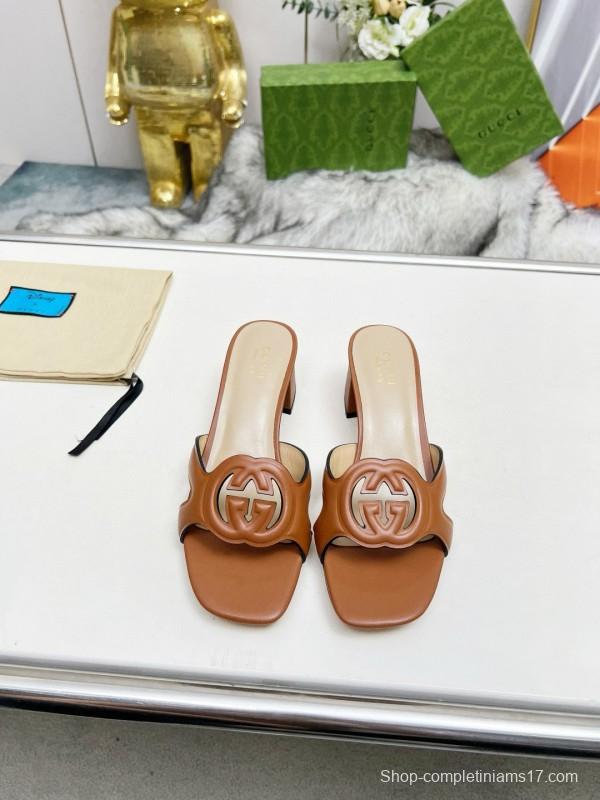 2025 Gucci Brown Leather Slippers MJ00190