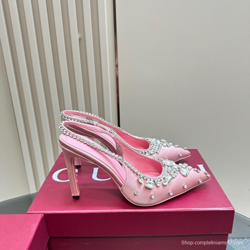 2025 Women Gucci Pink Silk High Heel Slingback Crystal LY00340