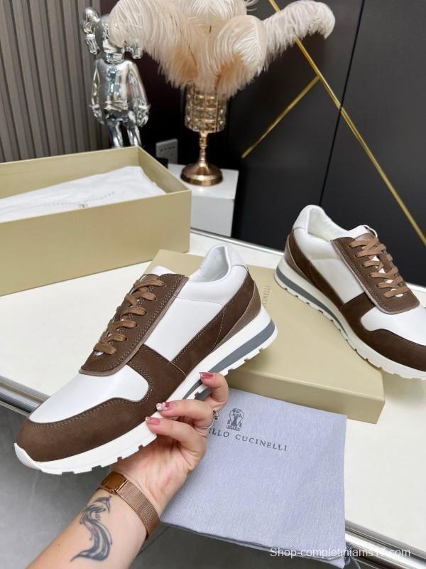 2024 Men Brunello Cucinelli White Brown Leather Suede Sneakers MJ00360