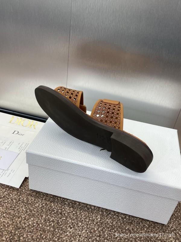 2025 Women Dior Brown Leather Slip-on Sandals