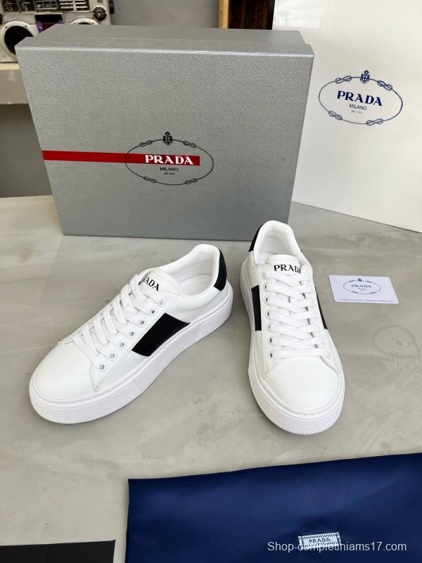 2024 Unisex Prada White Black Silk Calfskin Leather Sneakers MJ00310
