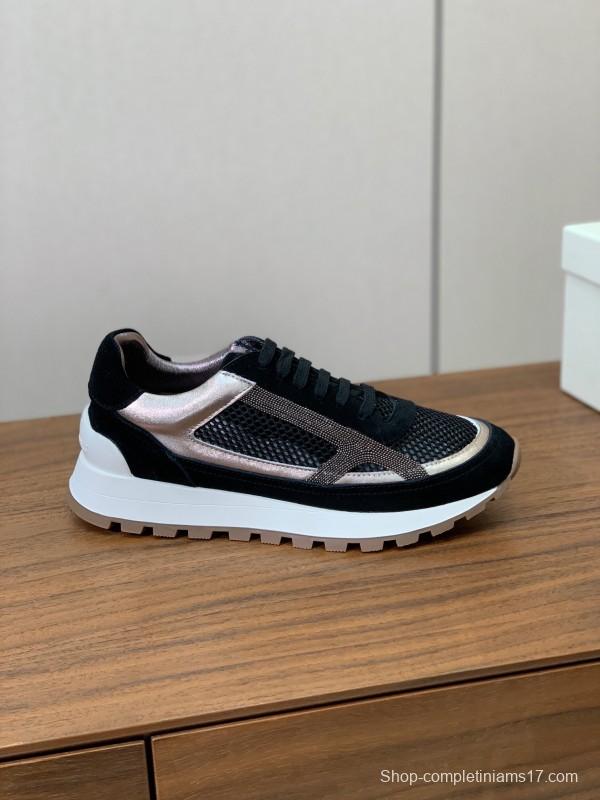 2025 Women Brunello Cucinelli Black Rose Gold Mesh Suede Leather Sneaker