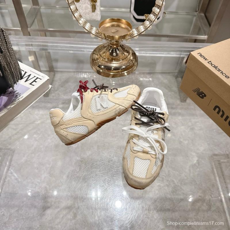 2025 Women New Balance Beige White Leather Mesh Sneakers
