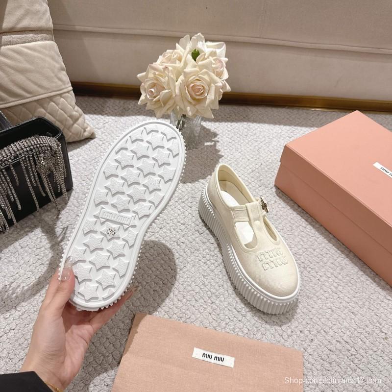 2025 Women Miu Miu White Canvas Platform Mary Jane LY00270