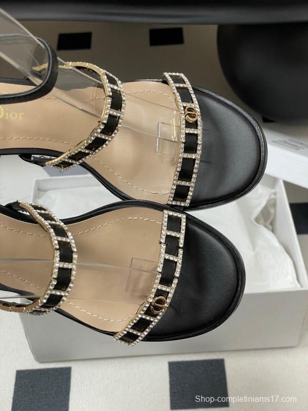 2025 Women Dior Black Leather Crystal Embellished High Heel Sandals
