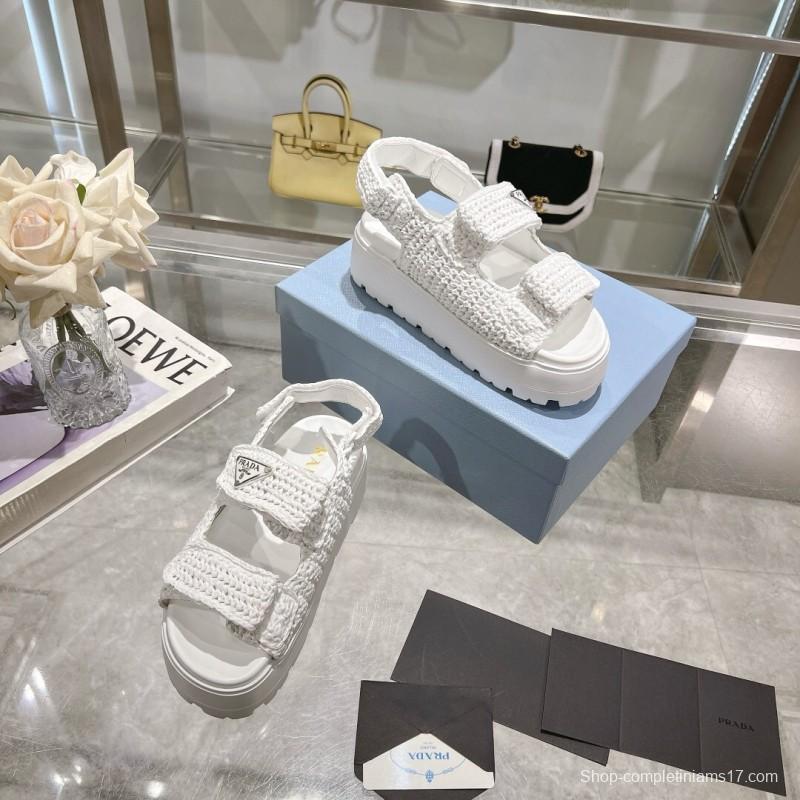 2025 Women Prada White Knitted Platform Sandals