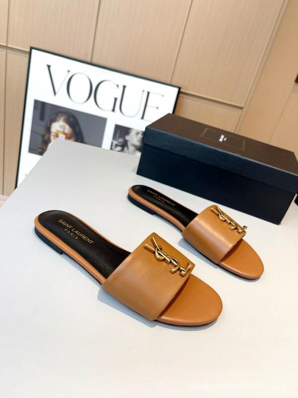 2025 Women Yves Saint Laurent Light Brown Leather Slippers LY00180