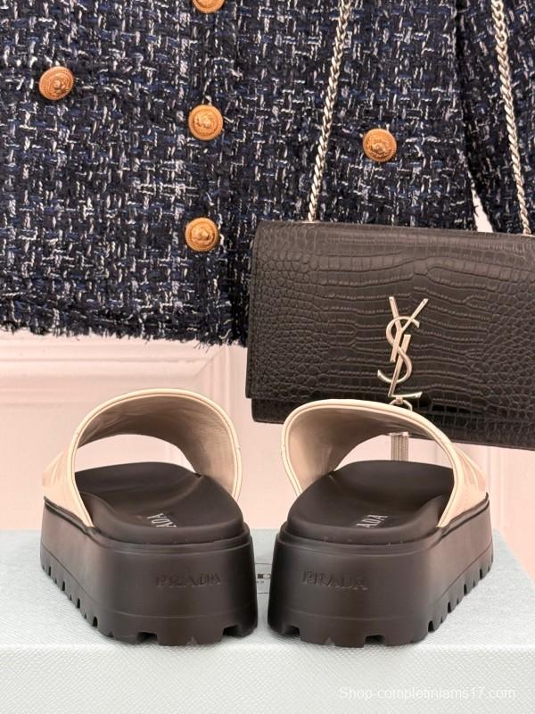 2025 Women Prada Beige Leather Platform Sandals