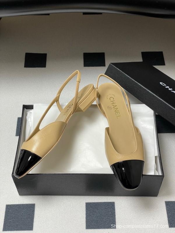 2025 Women Chanel Beige Black Leather Sling-back Flat Heel