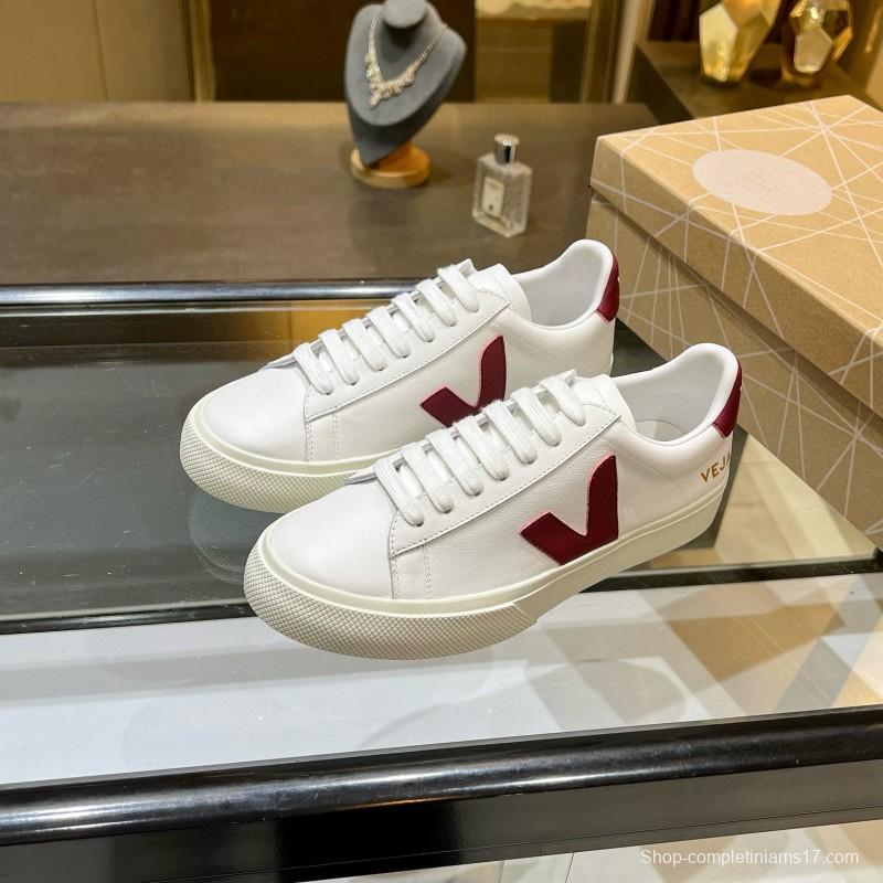 2025 Unisex VEJA White Burgundy Leather Canvas Sneakers MJ00240