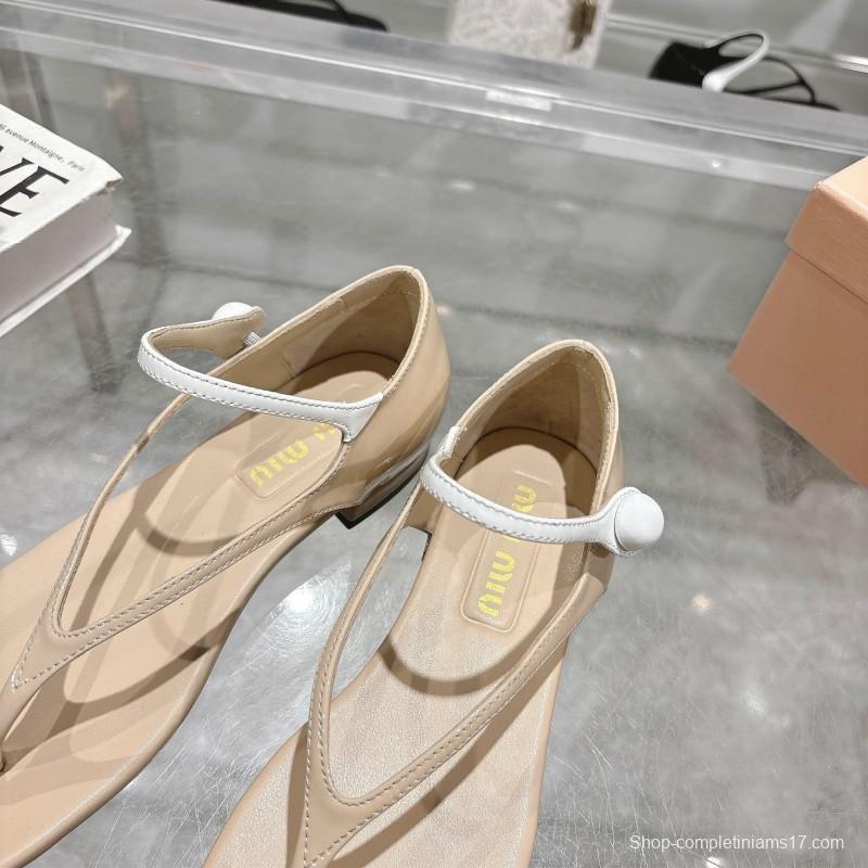 2025 Women MiuMiu Beige Leather T-Strap Sandals With Clear Heel KFY00289(F)