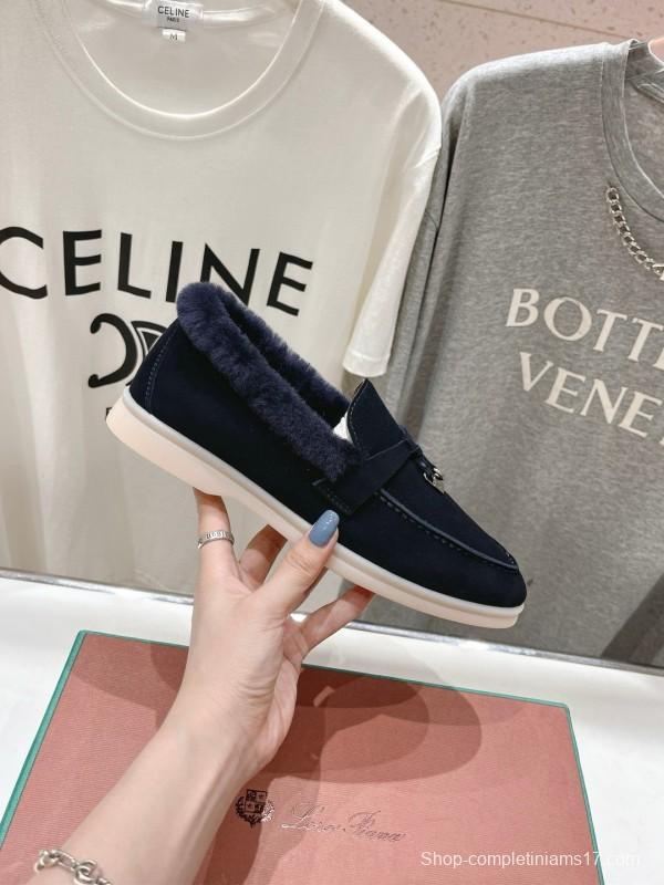 2024 Women LP Navy Suede Fur Loafers