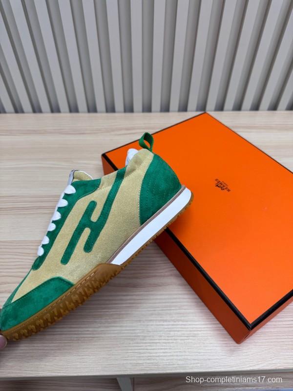 2025 Unisex Hermès Green Beige Suede Down Fabric Sneakers Top Version KFY00300
