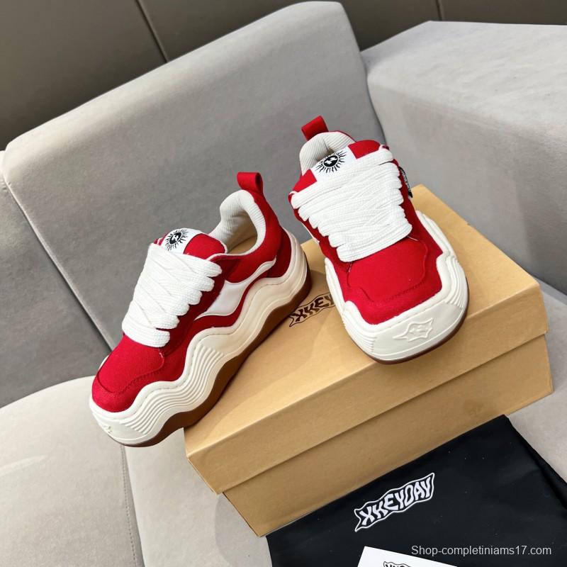 2025 Women HEYDAY Red White Canvas Leather Wave Sneakers